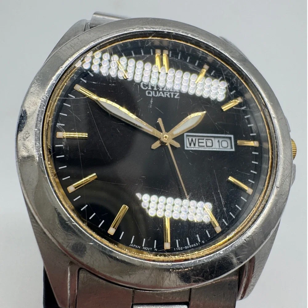 Citizen‎ Quartz Mens Watch Black Dial Two Tone Stainless Day Date 1102-S099531